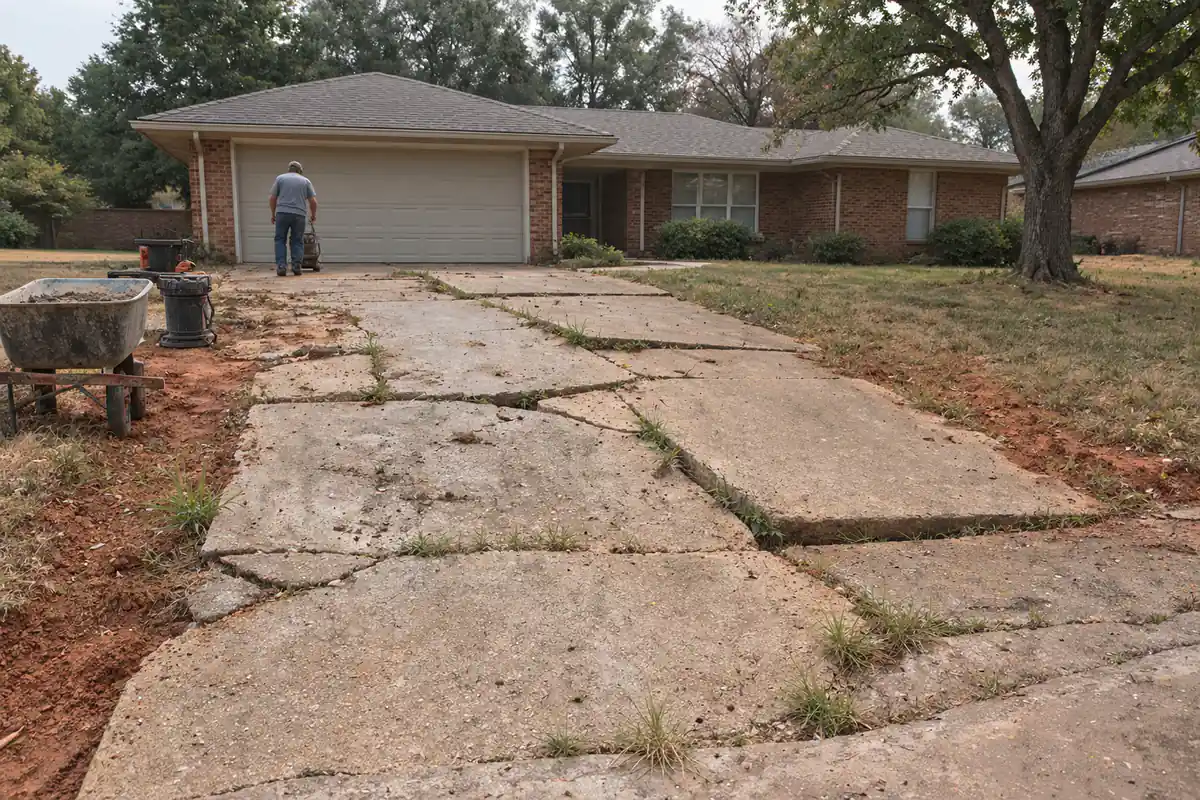 Before: A whole old concrete driveway at a 1970s brick ranch house, heaved and broken by clay movement, many cracks, tilted panels, weeds in the gaps