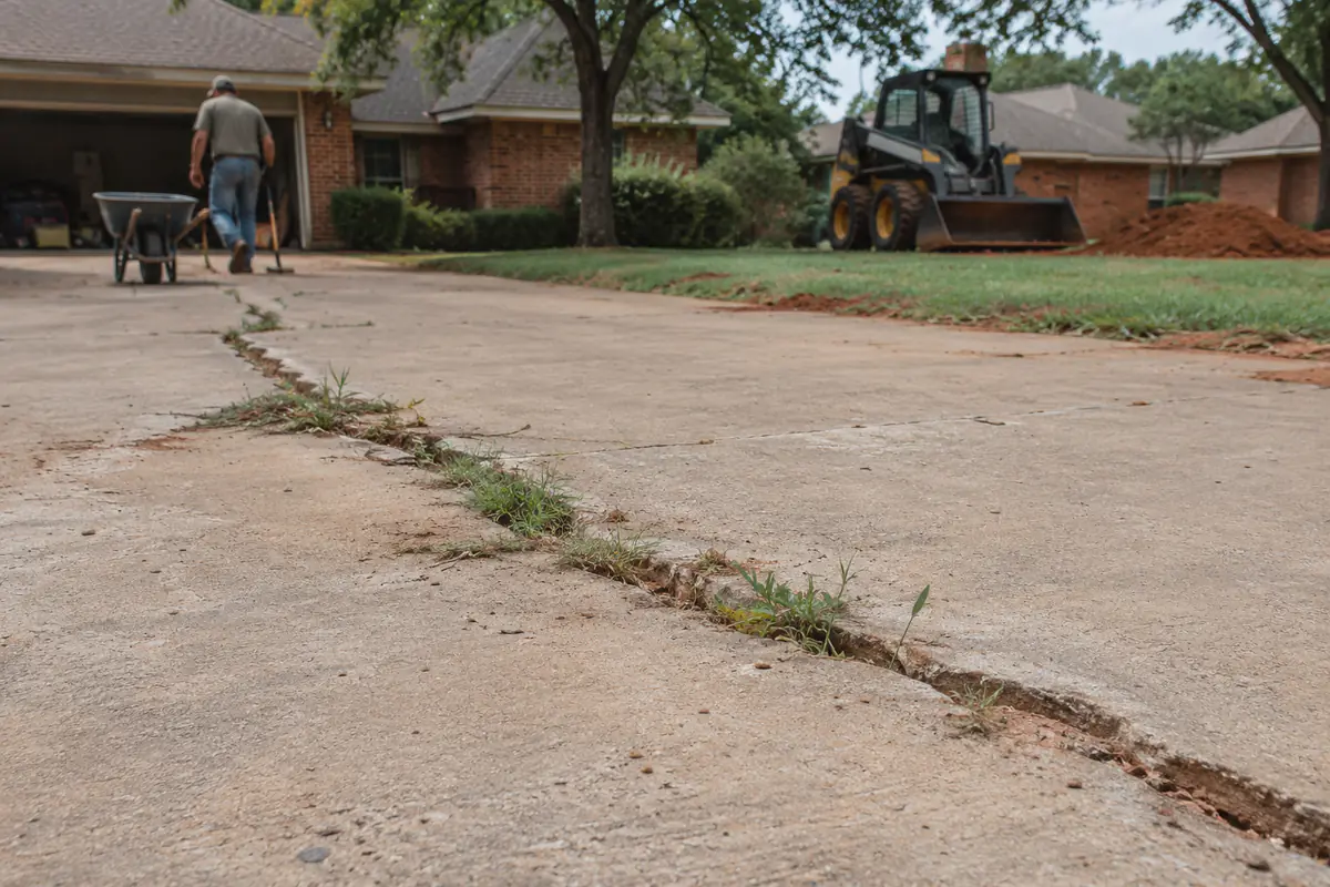 Before: A concrete driveway with a long open crack across it, grass and weeds growing out of the crack, dirt inside