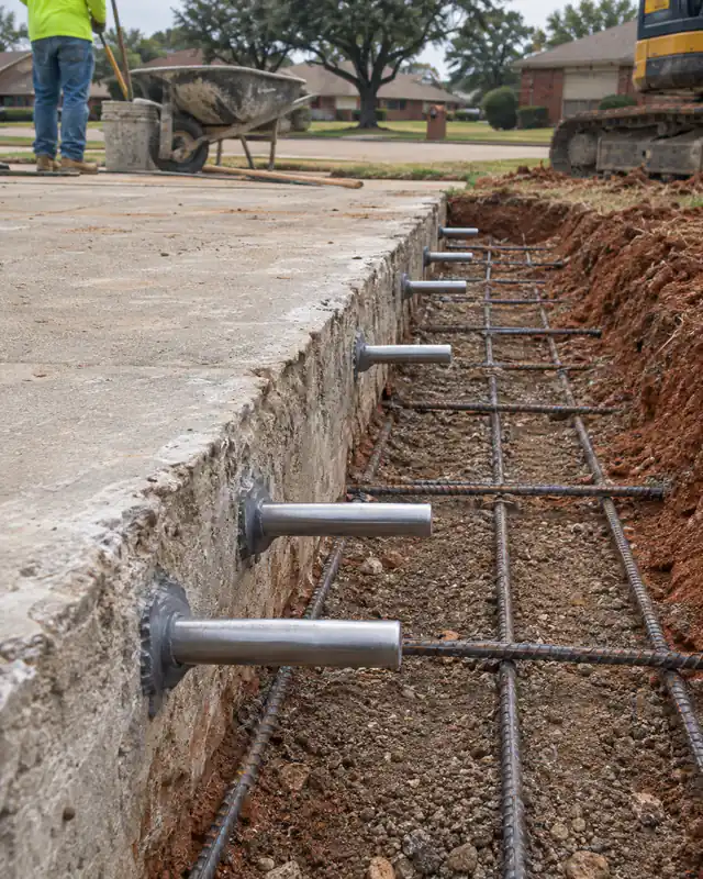 Dowel bars drilled and epoxied into the edge of the existing driveway slab in Oklahoma City