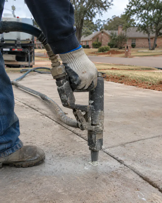 Injection hose attached to a port during a polyurethane driveway lift in Oklahoma City