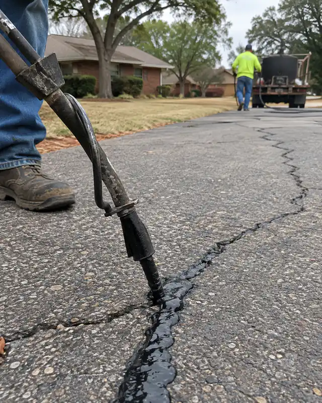 Hot-pour rubberized crack filler on an asphalt driveway in Oklahoma City