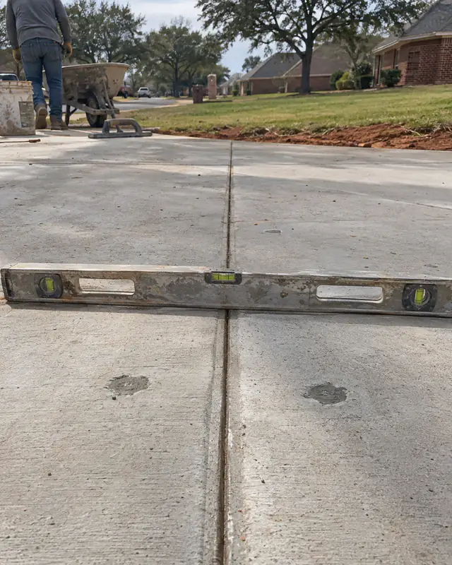 Level laid across the joint after lifting a driveway panel back to grade in Oklahoma City