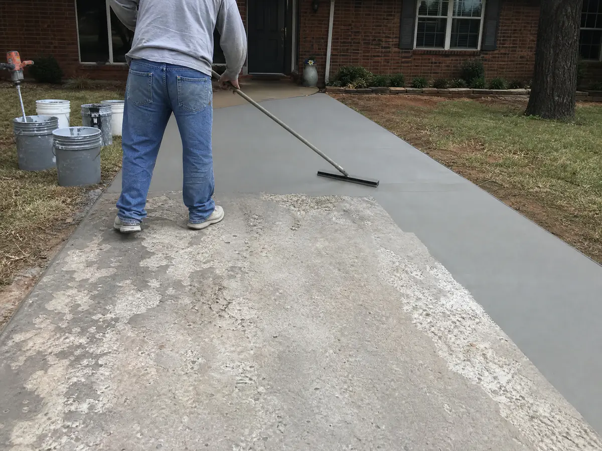 Worker squeegeeing a polymer-modified overlay across a scaled concrete driveway in Oklahoma City