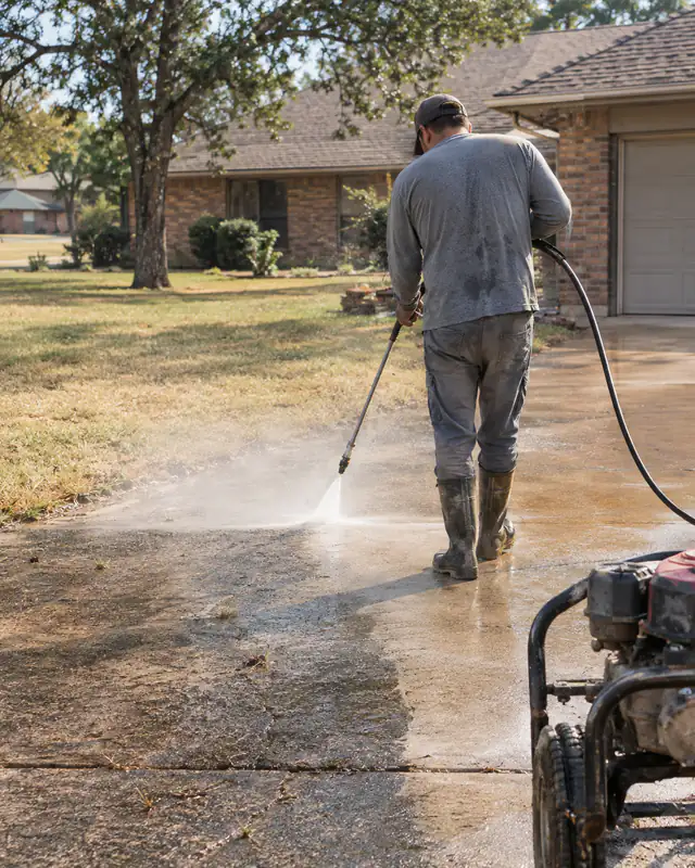 Pressure washing a concrete driveway before a resurfacing overlay in Oklahoma City
