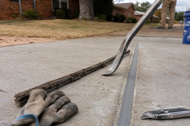 Rotted wood expansion strip pulled from a driveway joint beside new backer rod and polyurethane sealant