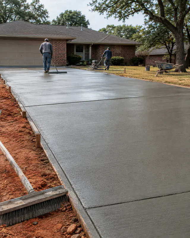 Saw-cut control joints in a newly finished concrete driveway in Oklahoma City