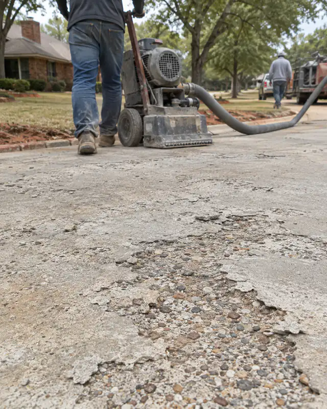 Scaled, flaking concrete driveway surface before resurfacing in Oklahoma City