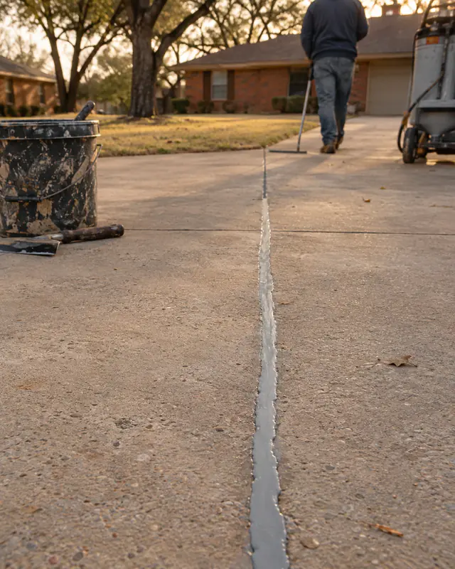 Finished polyurethane-sealed crack in a concrete driveway in Oklahoma City