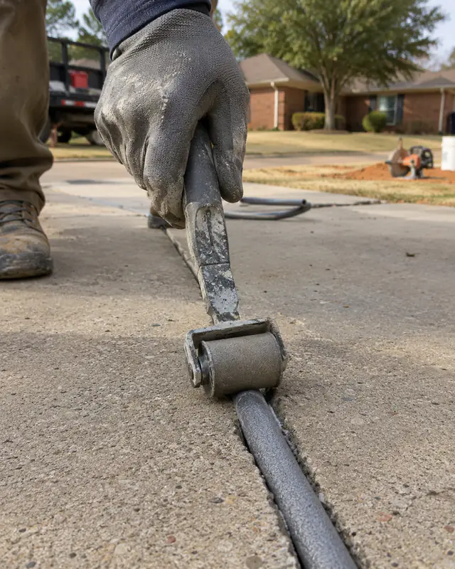 Pressing foam backer rod into a routed driveway crack in Oklahoma City