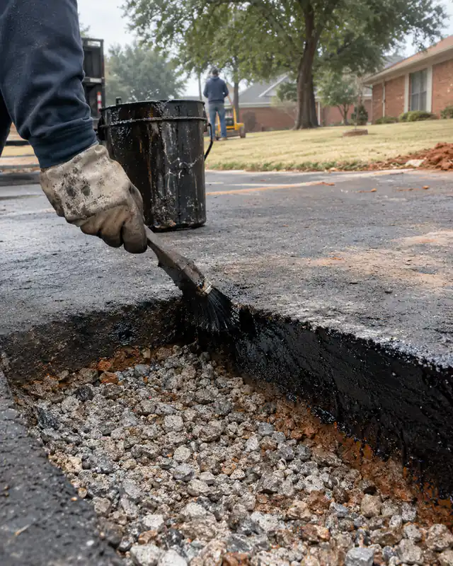 Tack coat brushed on the edges of an asphalt patch cut in Oklahoma City