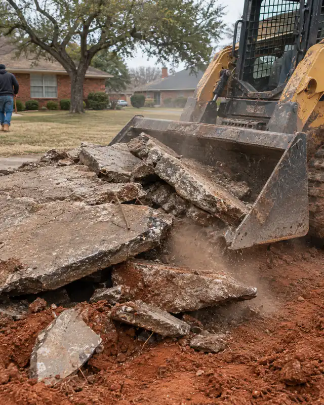 Skid steer loading broken concrete during driveway tear-out in Oklahoma City